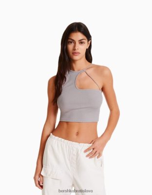 Bershka ženy Asymetrický crop top bez rukávov kameň oblečenie B86RXX709 Bershka Slovakia