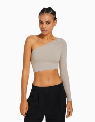 Bershka ženy Asymetrické tričko s dlhým rukávom piesku oblečenie B86RXX383 Bershka Rifle