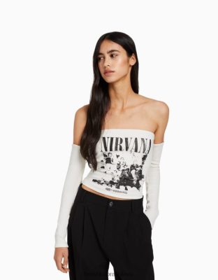 Bershka ženy Bandeau tričko s dlhým rukávom s potlačou nirvana biela oblečenie B86RXX520 Bershka Slovakia