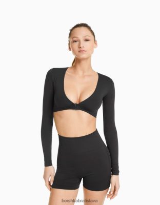 Bershka ženy Bezšvové skrátené tričko s dlhým rukávom a výstrihom do V tmavo šedá oblečenie B86RXX370 Bershka Slovakia