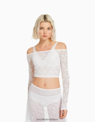 Bershka ženy Blond čipkovaný top s dlhým rukávom biela oblečenie B86RXX501 Bershka Nohavice