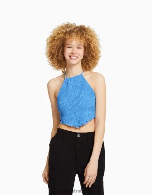 Bershka ženy Ohlávkový top s detailom zaväzovania a riasenou gumou modrá oblečenie B86RXX891 Bershka Nohavice