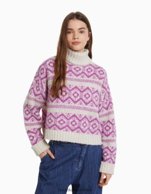 Bershka ženy žakárový sveter s vysokým výstrihom ružová oblečenie B86RXX1076 Bershka Rifle