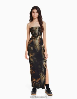 Bershka ženy art series print midi tylové šaty čierna oblečenie B86RXX262 Bershka Slovakia