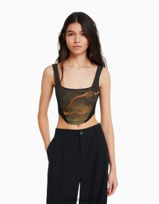 Bershka ženy art series print tylový korzet čierna oblečenie B86RXX720 Bershka Nohavice