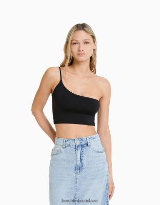 Bershka ženy asymetrický crop top s ramienkom čierna oblečenie B86RXX750 Bershka Nohavice