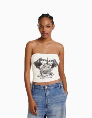 Bershka ženy bandeau top s metalickou potlačou biela oblečenie B86RXX667 Bershka Slovakia
