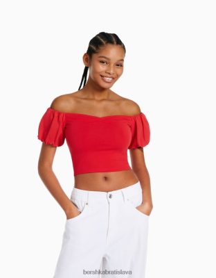 Bershka ženy bavlnený popelínový top s krátkym rukávom červená oblečenie B86RXX381 Bershka Nohavice