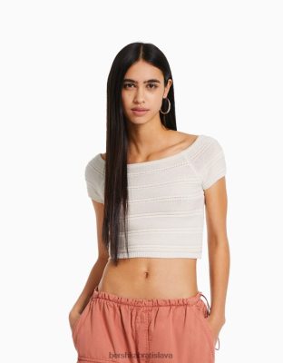 Bershka ženy bavlnené tričko z rebrovaného úpletu s krátkym rukávom krém oblečenie B86RXX425 Bershka Rifle