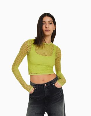 Bershka ženy bezšvové tričko zo sieťoviny s dlhým rukávom vápno oblečenie B86RXX526 Bershka Slovakia