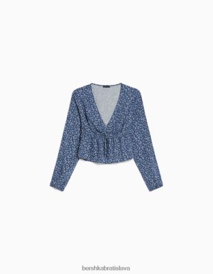 Bershka ženy blúzka s dlhým rukávom s kvetinovou potlačou a kravatou námorníctvo oblečenie B86RXX948 Bershka Nohavice