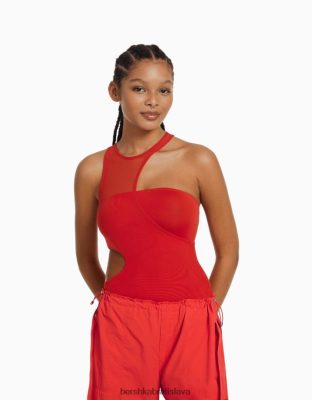 Bershka ženy body bez rukávov s výrezom a detailom zo sieťoviny červená oblečenie B86RXX771 Bershka Nohavice