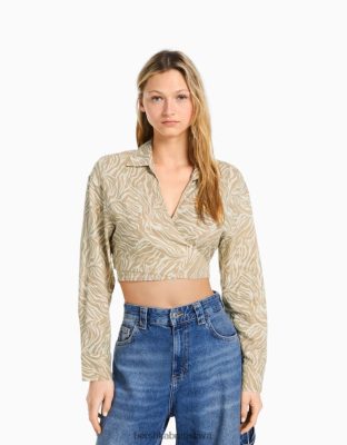 Bershka ženy crossover košeľa z ľanovej zmesi s dlhým rukávom piesku oblečenie B86RXX911 Bershka Rifle