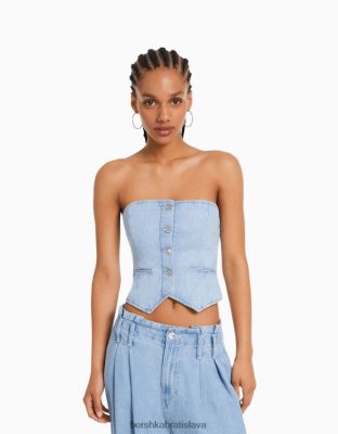 Bershka ženy džínsová vesta s odhalenými ramenami a gombíkmi svetlo modrá oblečenie B86RXX713 Bershka Rifle