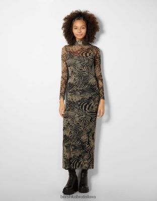 Bershka ženy dlhé tylové šaty s dlhými rukávmi a potlačou fialová oblečenie B86RXX247 Bershka Slovakia