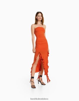 Bershka ženy dlhé volánikové šaty po pleciach oranžová oblečenie B86RXX1838 Bershka Rifle