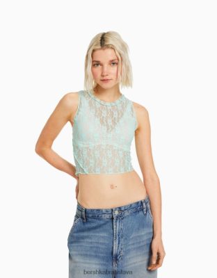 Bershka ženy čipkovaná košeľa bez rukávov zelená oblečenie B86RXX399 Bershka Nohavice