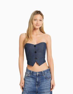 Bershka ženy šitá pásiková vesta s odhalenými ramenami tmavo modrá oblečenie B86RXX672 Bershka Nohavice