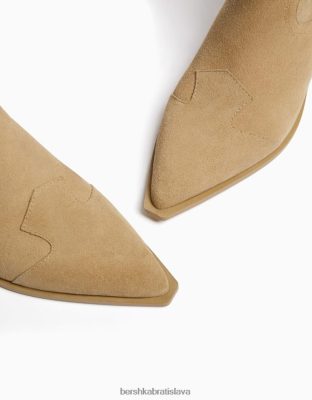 Bershka ženy kožené kovbojské členkové topánky na vysokom opätku piesku obuv B86RXX2289 Bershka Nohavice
