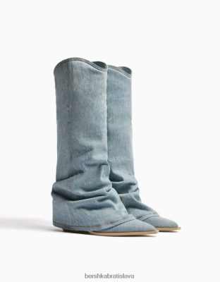 Bershka ženy kovbojské džínsové čižmy na podpätku vymytá modrá obuv B86RXX1944 Bershka Nohavice