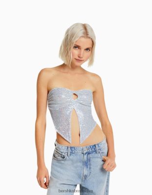 Bershka ženy lesklý bandeau top s vyrezaným detailom a kravatou striebro oblečenie B86RXX739 Bershka Slovakia