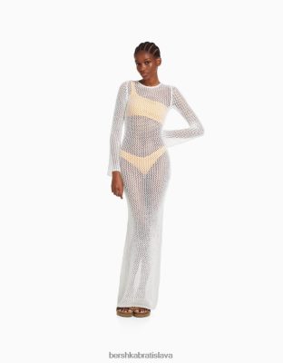 Bershka ženy midi sieťované šaty s dlhým rukávom krém oblečenie B86RXX999 Bershka Nohavice