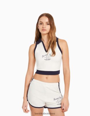 Bershka ženy mikina bez rukávov s potlačou a polo golierom krém oblečenie B86RXX1255 Bershka Slovakia