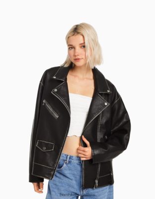 Bershka ženy motorkárska bunda z umelej kože s opaskom čierna oblečenie B86RXX1131 Bershka Nohavice