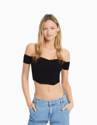 Bershka ženy pletený korzet s krátkym rukávom čierna oblečenie B86RXX804 Bershka Nohavice