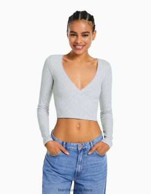 Bershka ženy prekrížené tričko s dlhým rukávom sivá oblečenie B86RXX570 Bershka Nohavice