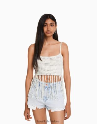 Bershka ženy prelamovaný top so strapcami biela oblečenie B86RXX822 Bershka Nohavice