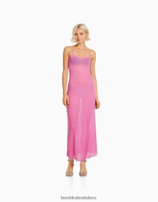 Bershka ženy priehľadné midi šaty z rebrovaného úpletu s ramienkami ružová oblečenie B86RXX1903 Bershka Slovakia