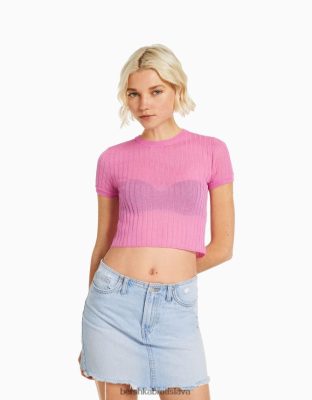 Bershka ženy priesvitný rebrovaný sveter s krátkym rukávom ružová oblečenie B86RXX1901 Bershka Rifle