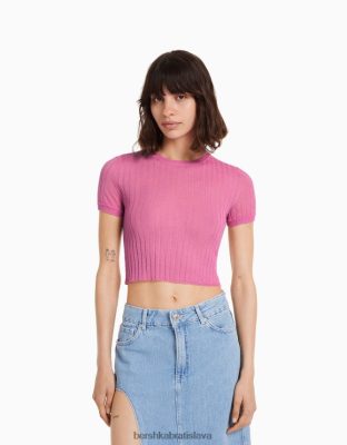 Bershka ženy priesvitný rebrovaný sveter s krátkym rukávom ružová oblečenie B86RXX496 Bershka Slovakia