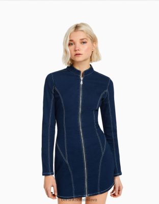 Bershka ženy priliehavé džínsové šaty s dlhým rukávom a kontrastnou niťou námorníctvo oblečenie B86RXX82 Bershka Slovakia