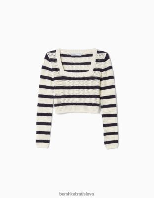 Bershka ženy pruhovaný sveter so štvorcovým výstrihom krém oblečenie B86RXX1082 Bershka Rifle