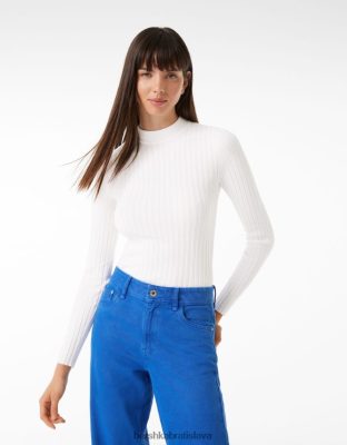 Bershka ženy rebrovaný falošný sveter s výstrihom biela oblečenie B86RXX1023 Bershka Nohavice