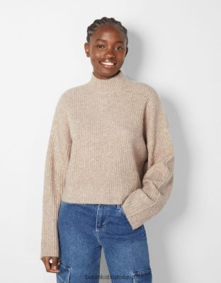 Bershka ženy rebrovaný sveter s vysokým výstrihom piesku oblečenie B86RXX1005 Bershka Nohavice