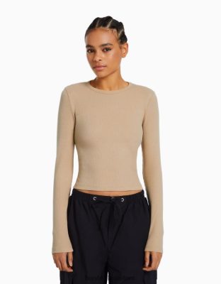 Bershka ženy rebrované tričko s dlhým rukávom ťava oblečenie B86RXX576 Bershka Nohavice