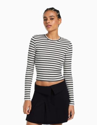 Bershka ženy rebrované tričko s dlhým rukávom biela/čierna oblečenie B86RXX435 Bershka Nohavice