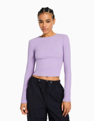 Bershka ženy rebrované tričko s dlhým rukávom fialová oblečenie B86RXX574 Bershka Slovakia