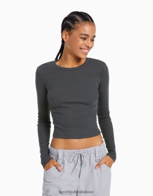 Bershka ženy rebrované tričko s dlhým rukávom tmavo šedá oblečenie B86RXX434 Bershka Rifle