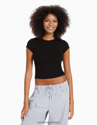 Bershka ženy rebrované tričko s krátkym rukávom čierna oblečenie B86RXX344 Bershka Rifle