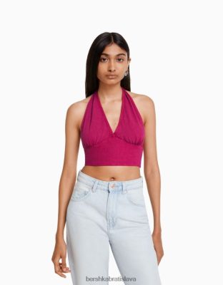 Bershka ženy rustikálny crop top zo zmesi ľanu fuchsiová oblečenie B86RXX732 Bershka Nohavice