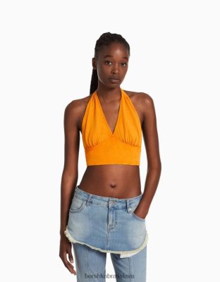 Bershka ženy rustikálny crop top zo zmesi ľanu oranžová oblečenie B86RXX735 Bershka Nohavice