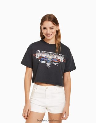 Bershka ženy skrátená mikina s krátkym rukávom s potlačou tmavo šedá oblečenie B86RXX639 Bershka Nohavice