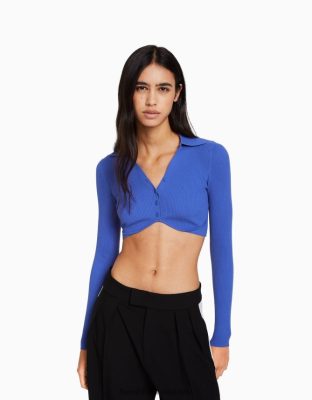 Bershka ženy skrátený polo golierový kardigán s gombíkmi tmavo modrá oblečenie B86RXX563 Bershka Rifle