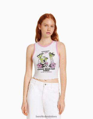 Bershka ženy skrátené tričko bez rukávov s potlačou biela oblečenie B86RXX295 Bershka Slovakia
