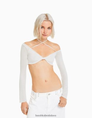 Bershka ženy skrátené tričko s dlhým rukávom a viaccestným uzlom off white oblečenie B86RXX455 Bershka Rifle
