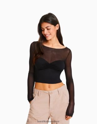 Bershka ženy skrátené tričko s dlhým rukávom z kontrastnej látky čierna oblečenie B86RXX499 Bershka Slovakia